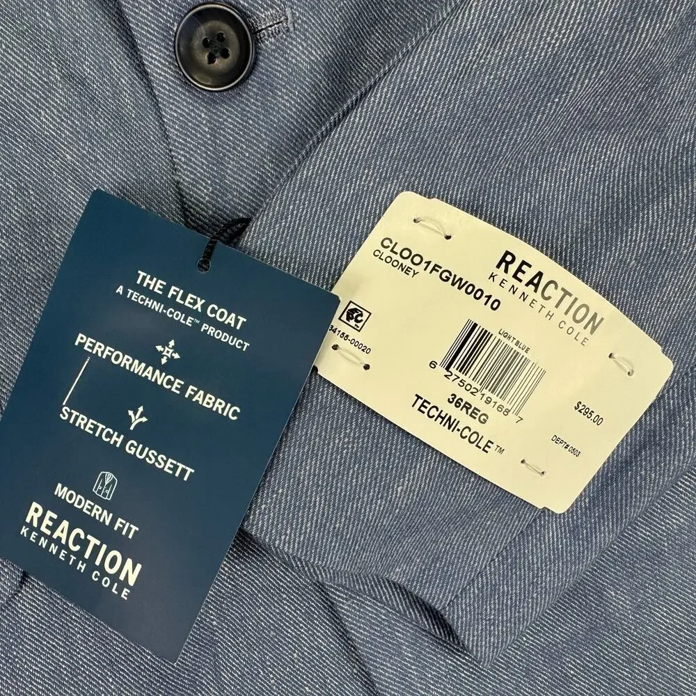 Kenneth Cole Mens Modern Fit Linen Blend Sport Coat Light Blue 36R
